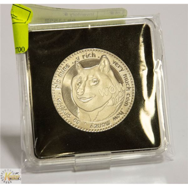 SILVER PLATED DOGECOIN IN PROTECTIVE CASE 40MM NOVELTY COIN FOR CRYPTO CURRENCY ENTHUSIASTS