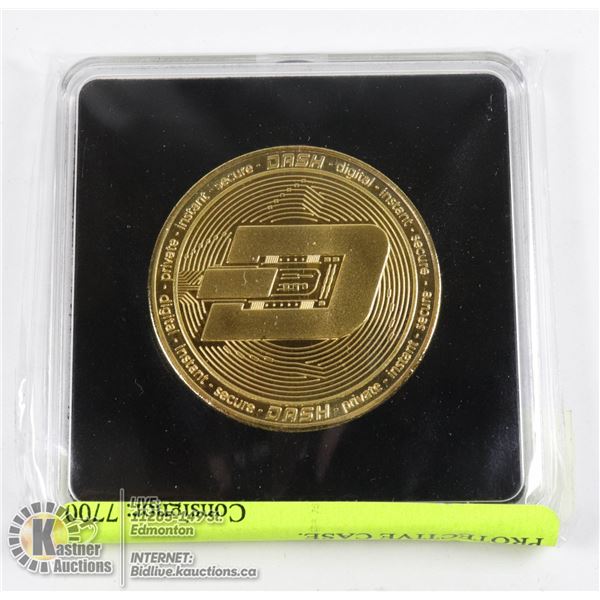 MINT GOLD PLATED DASH COIN IN PROTECTIVE CASE. 40MM NOVELTY COIN FOR CRYPTO CURRENCY ENTHUSIASTS