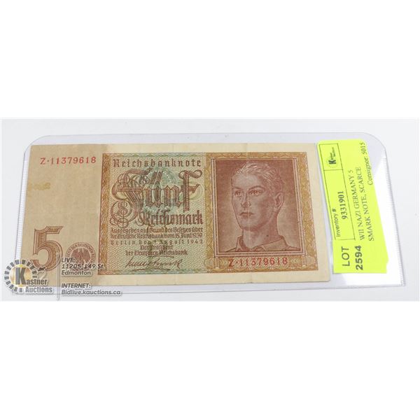 1942 WWII NAZI GERMANY 5 REICHSMARK NOTE, SCARCE