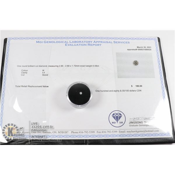MGI LAB APPRAISED COA GENUINE 0.09ct DIAMOND