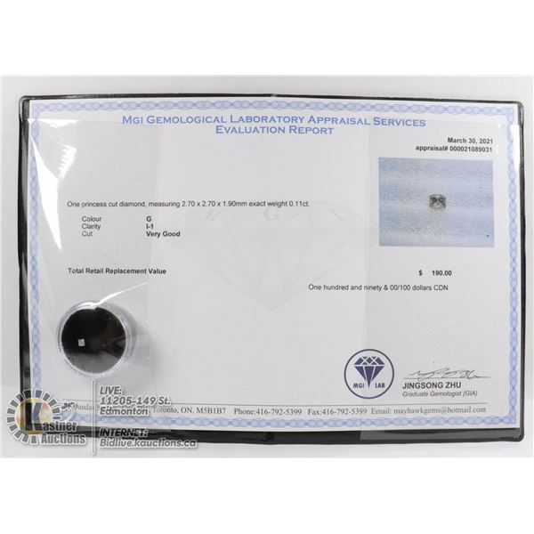 MGI LAB APPRAISED COA GENUINE 0.11ct DIAMOND