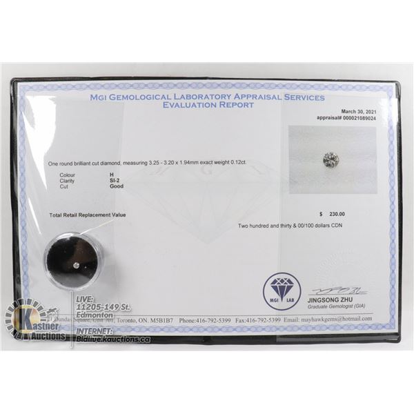 MGI LAB APPRAISED COA GENUINE 0.12ct DIAMOND