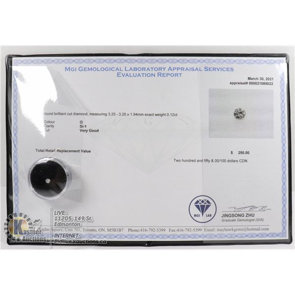 MGI LAB APPRAISED COA GENUINE 0.12ct DIAMOND