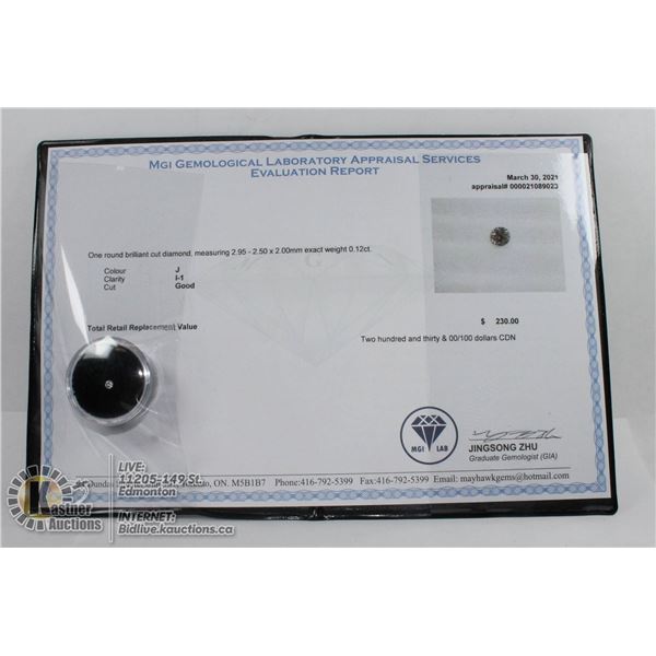 MGI LAB APPRAISED COA GENUINE 0.12ct DIAMOND