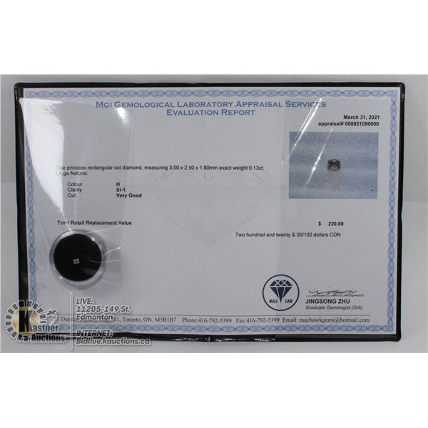 MGI LAB APPRAISED COA GENUINE 0.13ct DIAMOND