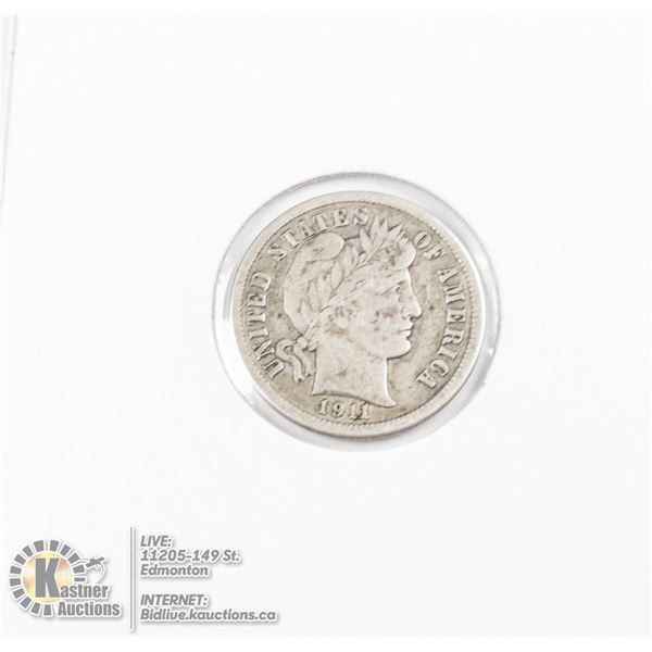 1911 SILVER USA BARBER DIME COIN