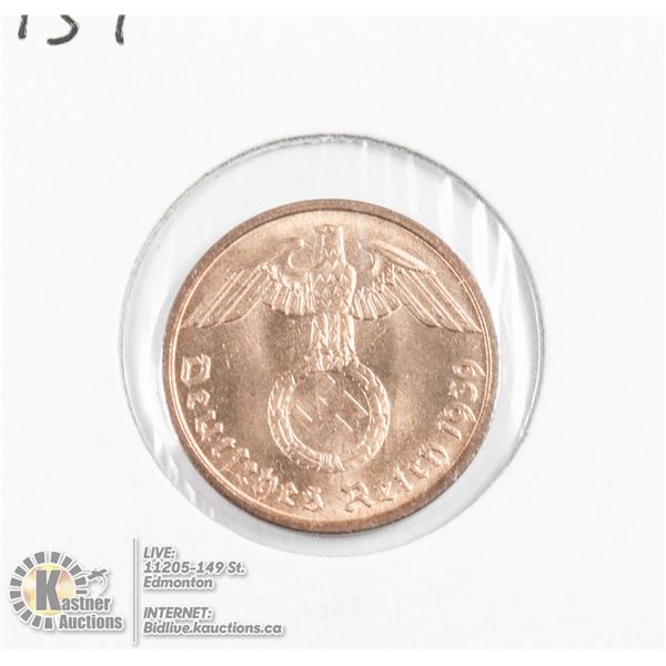 1939 WWII NAZI GERMANY 2 REICHSPFENNIG COIN, UNC.