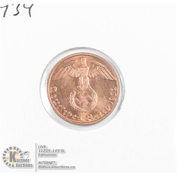 1939 WWII NAZI GERMANY 1 REICHSPFENNIG COIN, UNC.