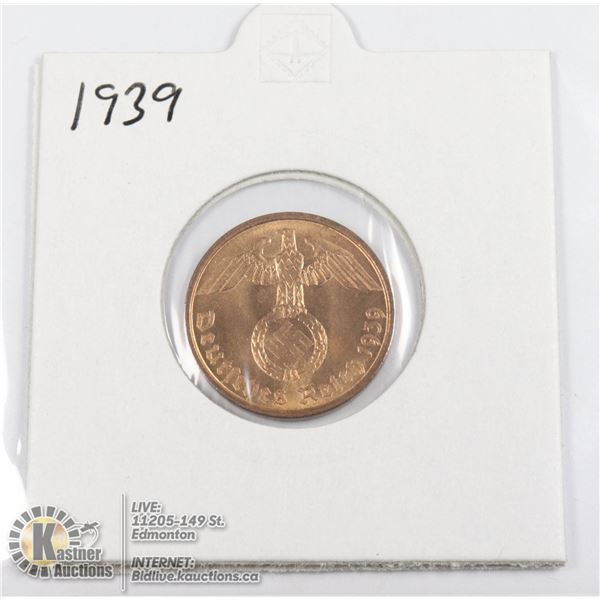 1939 WWII NAZI GERMANY 2 REICHSPFENNIG COIN, UNC.