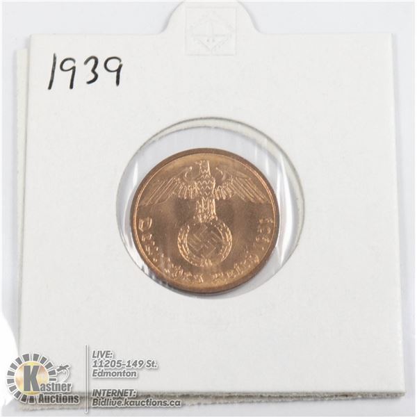 1939 WWII NAZI GERMANY 2 REICHSPFENNIG COIN, UNC.