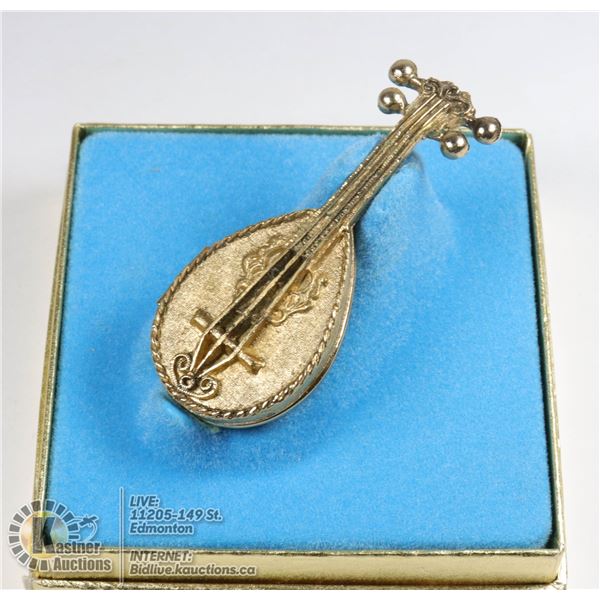 ANTIQUE AVON GOLD MANDOLIN LOCKET BROOCH WITH PERFUME PASTE