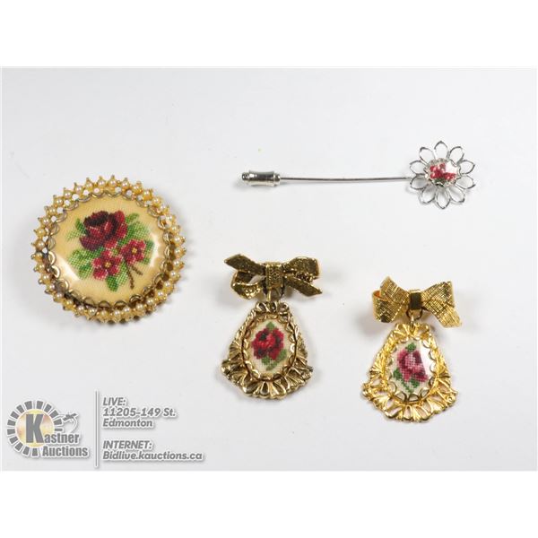 3 ANTIQUE 1950S AND 60S GOLD BROOCHES PETTI POINT AND ONE COLLAR PIN SILVER