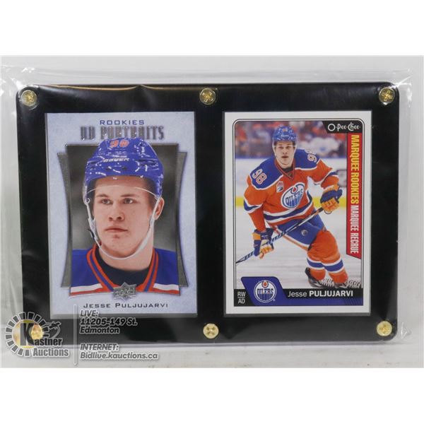 2 FRAMED JESSE PULJUJARVI ROOKIE CARDS 2016-17 OPC MARQUEE ROOKIES #704 AND UPPER DECK PORTRAITS #P-