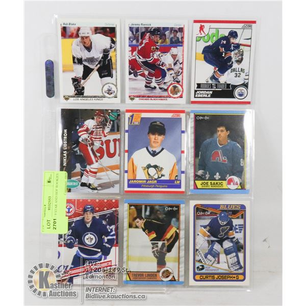 SHEET OF 9 STAR AND HOF ROOKIES 9 DIFFERENT ROOKIE CARDS INCLUDING JOE SAKIC, JAGR, LIDSTROM, JOSEPH