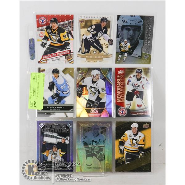SHEET OF 9 SIDNEY CROSBY CARDS PENGUINS, TEAM CANADA, INCLUDES 4 INSERT CARDS- NONE