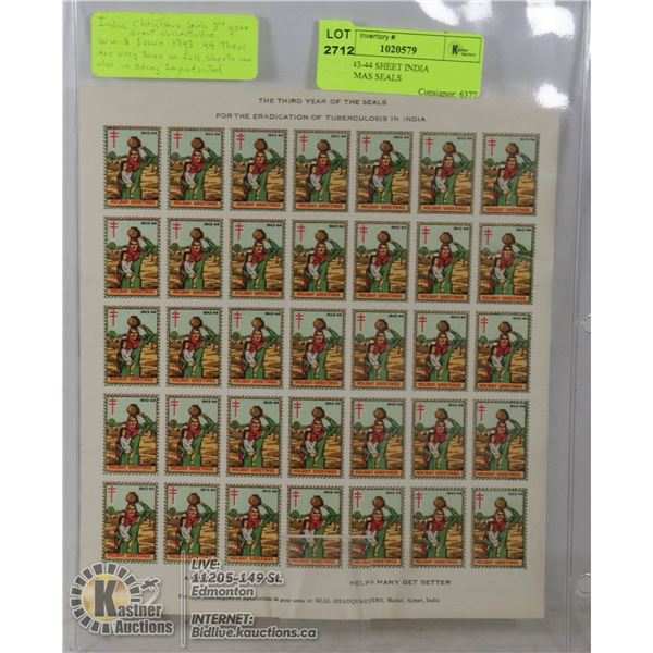 ONE 1943-44 SHEET INDIA CHRISTMAS SEALS RARE BECAUSE THEY ARE UNPERFORATED