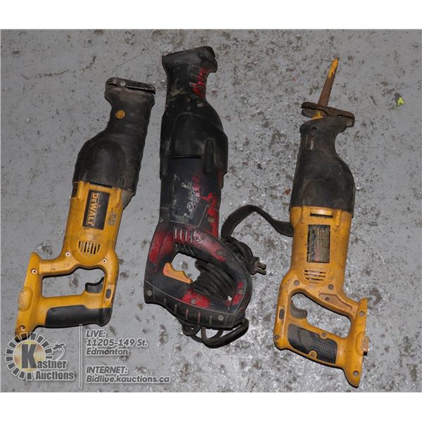 SAWZALL'S -1 MASTERCRAFT (CORD) 2 DEWALT CORDLESS (1 WORKING 1 OLDER MODEL NEVER TESTED ) NO BATTERY
