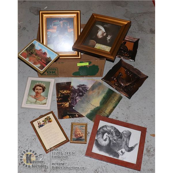ESTATE COLLECTION OF VINTAGE PICTURES & PLAQUES INCL. QUEEN ELIZABETH, ALAN JACKSON, GEORGE CANYON, 