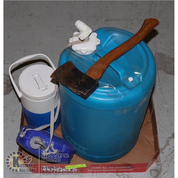 LARGE WATER CARRIER,AXE,CANTEEN,COLEMAN JUG
