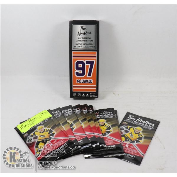 LOT OF TIM HORTON'S NHL TRADING CARDS 10 CARDS-2020-21AND TIM HORTON'S CONNOR MCDAVID COLLECTIBLE ST