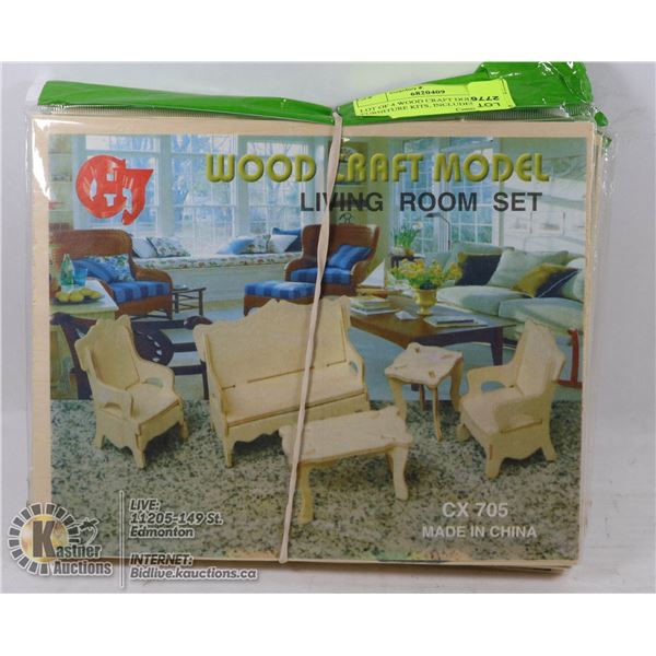 LOT OF 4 WOOD CRAFT DOLL FURNITURE KITS, INCLUDES ROOM, CHILDS BEDROOM, DINING ROOM SET, BATHROOM