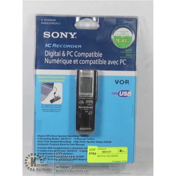 SONY PERSONAL RECORDER VOICE ACTIVATED, DIGITAL AND PC COMPATIBLE   SOFTWARE AND USB CABLE INCLUDED.