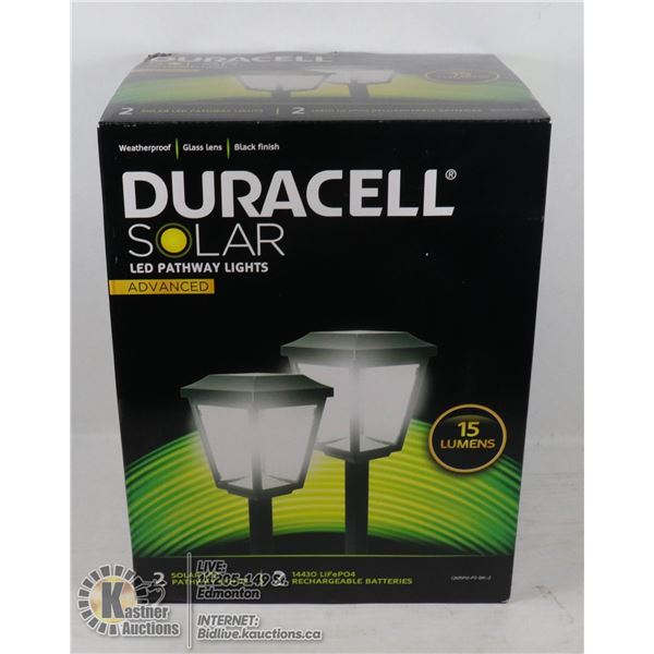 NEW DURACELL 2PACK SOLAR LED PATHWAY LIGHT SET WEATHERPROOF, GLASS LENS, BLACK FINISH
