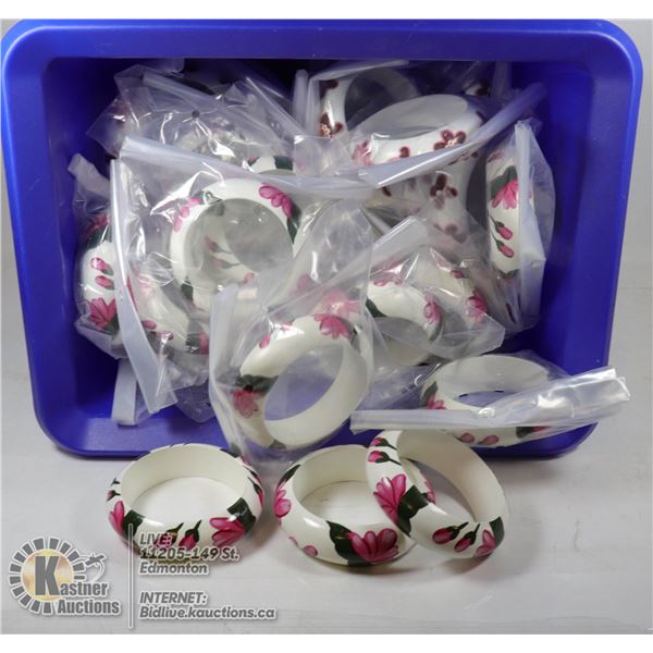 BIN OF WOOD BRACELETS VARIOUS DESIGNS, NEW IN PACKAGE