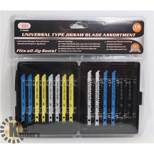 NEW 14PC UNIVERSAL TYPE JIGSAW BLADE ASSORTMENT SET. INCLUDES BLADES FOR WOOD, METAL, FINE WOOD