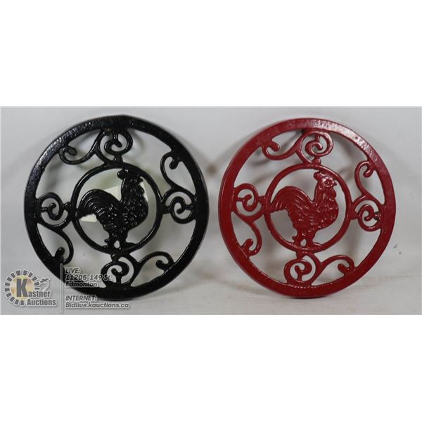 PAIR OF CAST IRON ROOSTER TRIVETS ONE BLACK ONE RED
