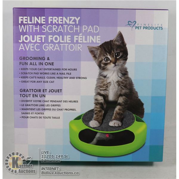 NEW FELINE FRENZY PET TOY WITH SCRATCH PAD BUILT IN GROOMING AND FUN ALL IN ONE