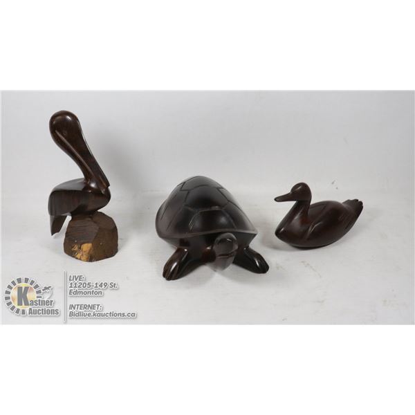 IRONWOOD CARVED TURTLE, DUCK & PELICAN