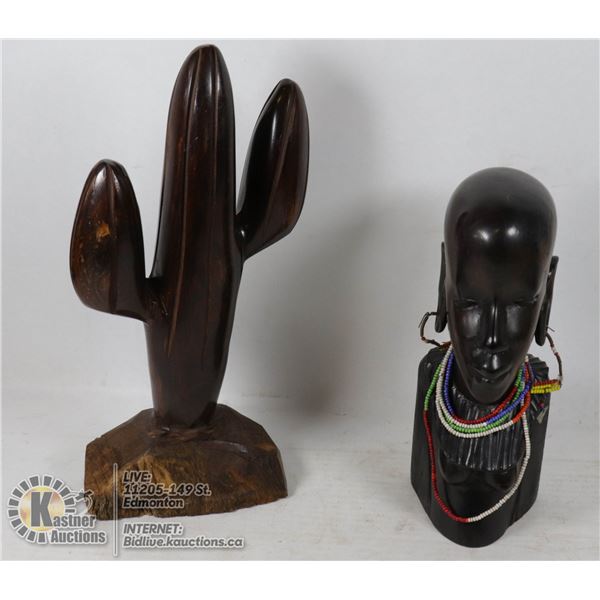 IRONWOOD AFRICAN CARVED HEAD & LARGE CACTUS