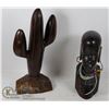 Image 1 : IRONWOOD AFRICAN CARVED HEAD & LARGE CACTUS