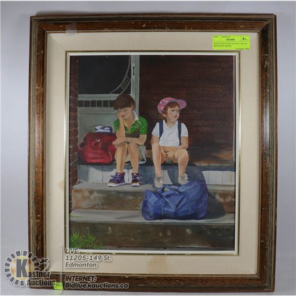 BOYS IN WAITING' OIL ON CANVAS SIGNED BY ARTIST SIGNED BY CANADIAN ARTIST, ORIGINAL ARTWORK, FRAME S