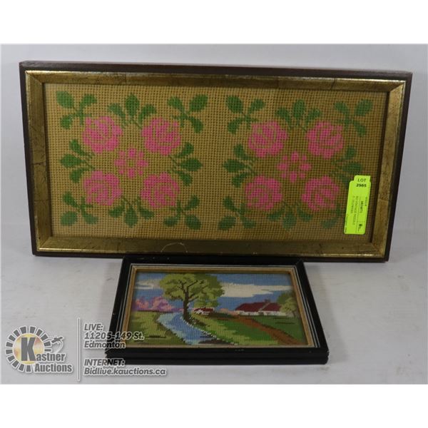 LOT OF TWO VINTAGE NEEDLE POINT ART - FLOWERS AND COUNTRYSIDE SCENE