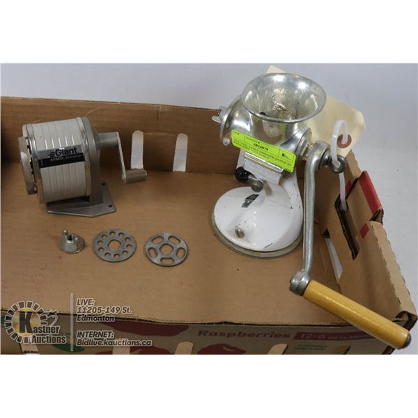 VINTAGE TABLE GRINDER (MADE IN ENGLAND) AND TABLE MOUNTED PENCIL SHARPENER, BOTH WORKING AND WITH EX