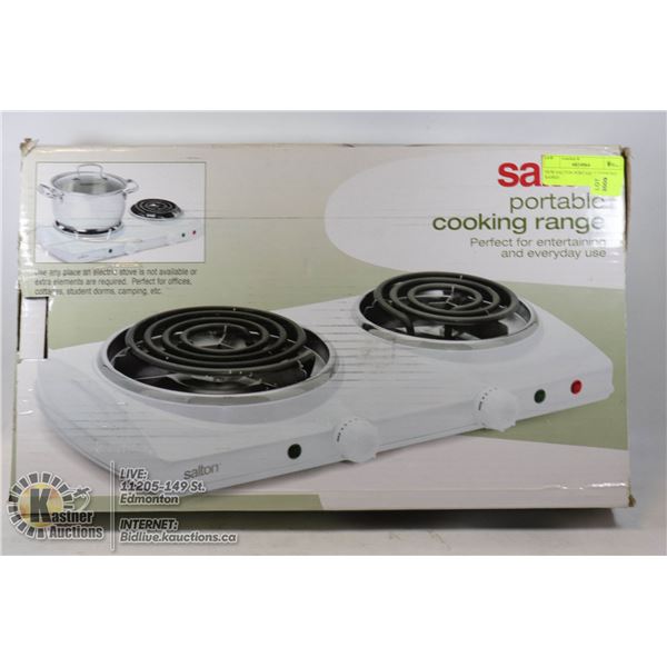 NEW SALTON PORTABLE COOKING RANGE DOUBLE COIL TOP, PERFECT ON CAMPING
