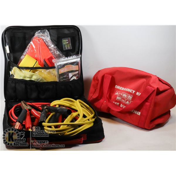BOX WITH AUTOMOTIVE SAFETY KIT AND EMERGENCY KIT - FLARES, 1ST AID KIT, FLASHLIGHT BOOSTER CABLES, E
