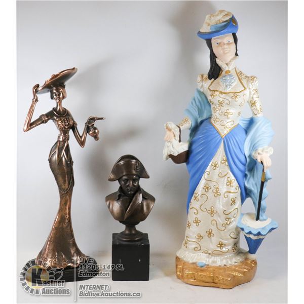 LOT OF THREE FIGURINE SCULPTURES - NAPOLEON BUST AUTION PRODUCTIONS, BRONZE COLORED LADY AND VICTORI