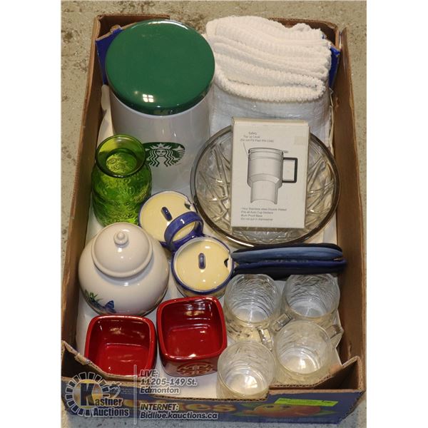 BOX OF KITCHENWARE INCL. 8 WASHCLOTHS, LARGE STARBUCKS CANISTER, NEW TRAVEL MUG, CONDIMENTS SET,  4-