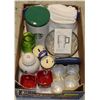 Image 1 : BOX OF KITCHENWARE INCL. 8 WASHCLOTHS, LARGE STARBUCKS CANISTER, NEW TRAVEL MUG, CONDIMENTS SET,  4-