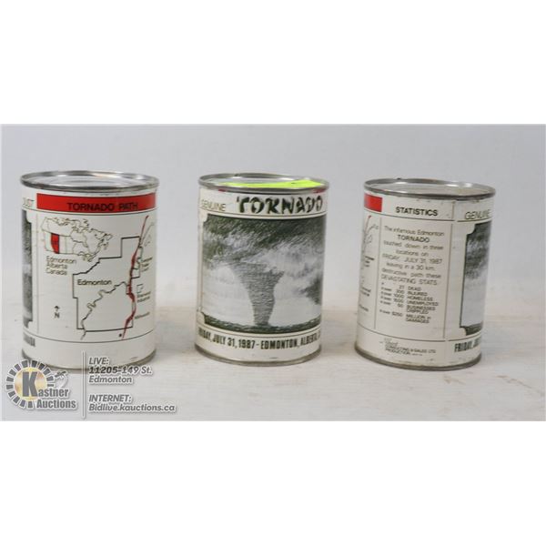 LOT OF 3 CANS TORNADO DUST COMMEMORATING FRIDAY JULY 31, 1987 EDMONTON ALBERTA