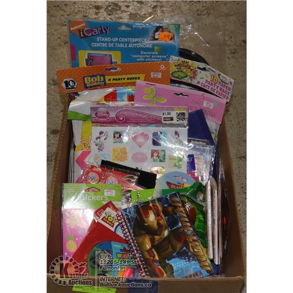BOX FULL OF NEW KIDS PARTY ITEMS INCL. INVITATION CARDS, STICKERS, GIFT BAGS, BANNERS, ETC.