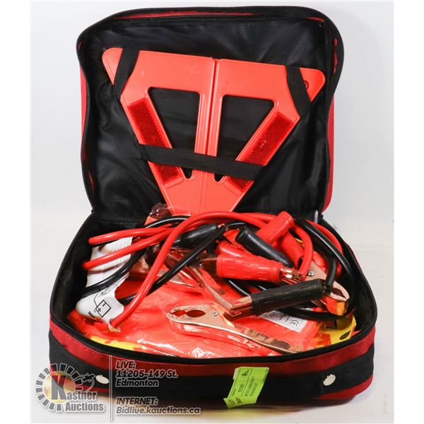 NEW COMPLETE EMERGENCY VEHICLE ROADSIDE KIT IN LIGHT WEIGHT ZIP-UP BAG INCLUDES BOOSTER CABLES, ROAD