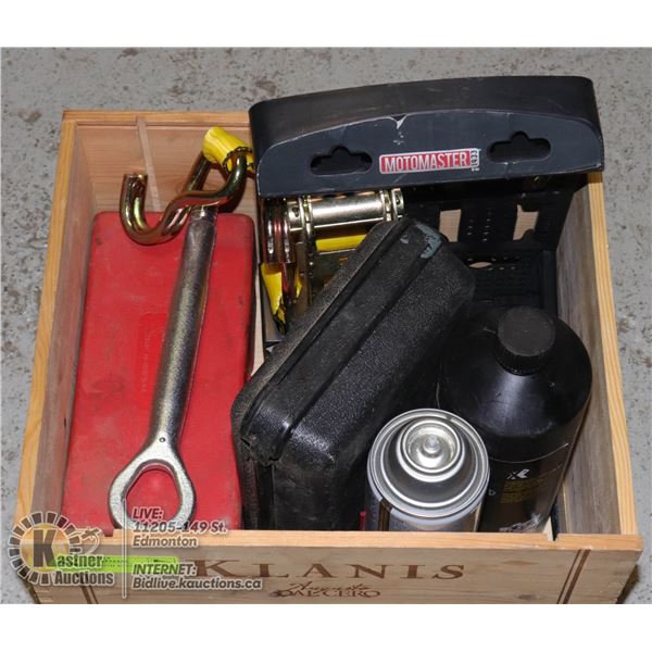 WOOD BOX WITH AUTOMOTIVE AND SHOP TOOLS AND SUPPLIES INCL. COOPER DIGITAL THERMOMETER, ROADSIDE FLAR