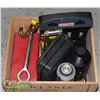 Image 1 : WOOD BOX WITH AUTOMOTIVE AND SHOP TOOLS AND SUPPLIES INCL. COOPER DIGITAL THERMOMETER, ROADSIDE FLAR