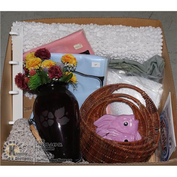 BOX W/ HOUSEHOLD ITEMS INCL. PLUSH FLOOR CARPET, SHOWER CURTAIN, LAUNDRY PRODUCTS, HANGER 6-HOOK, GL