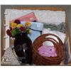 Image 1 : BOX W/ HOUSEHOLD ITEMS INCL. PLUSH FLOOR CARPET, SHOWER CURTAIN, LAUNDRY PRODUCTS, HANGER 6-HOOK, GL