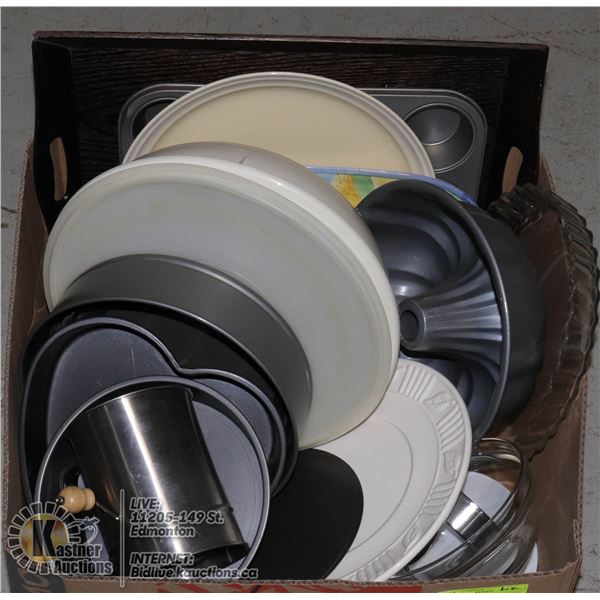 LARGE BOX OF BAKER'S ITEMS AND SERVING PLATTERS, COOKIE CUTTERS, PYREX BOWL, ETC.